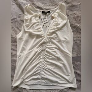 NWT INC International Cream Sleeveless Ruched Blouse With Gold Accents